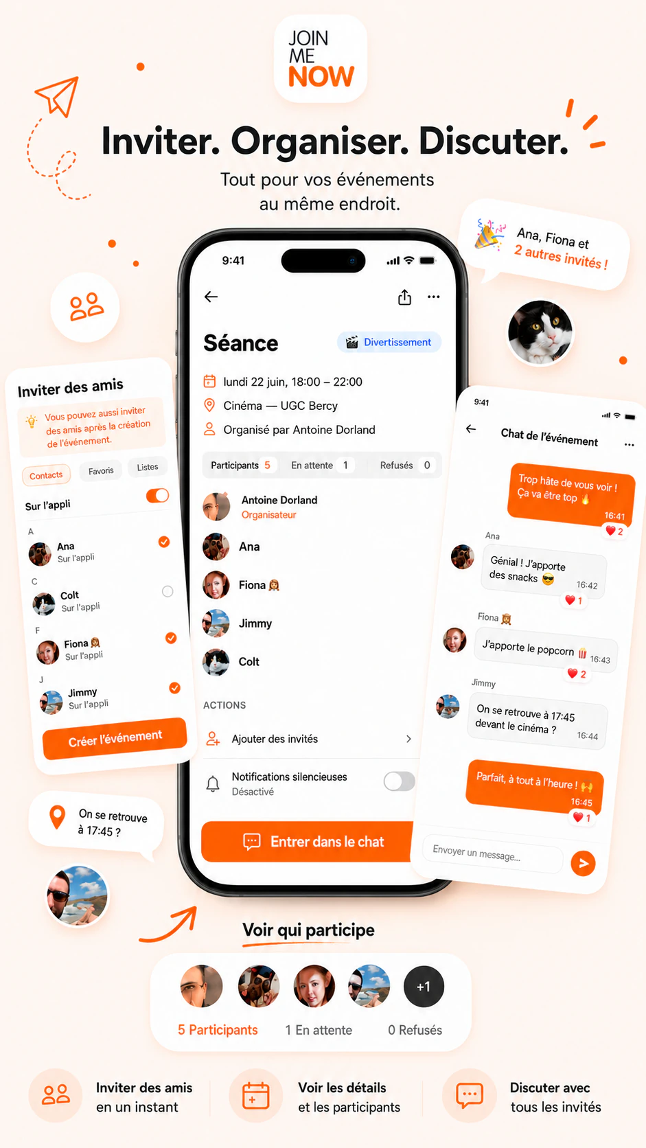 Aperçu de l'application Join Me Now avec création d'événement, invitation d'amis et détail d'événement.