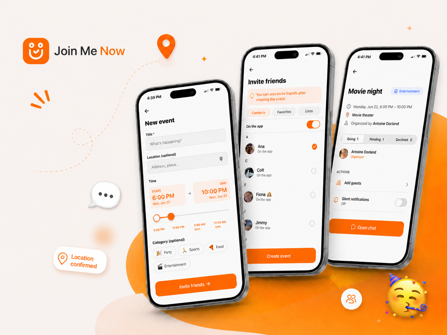 Join Me Now app overview: event creation, friend invitations and event detail screen.