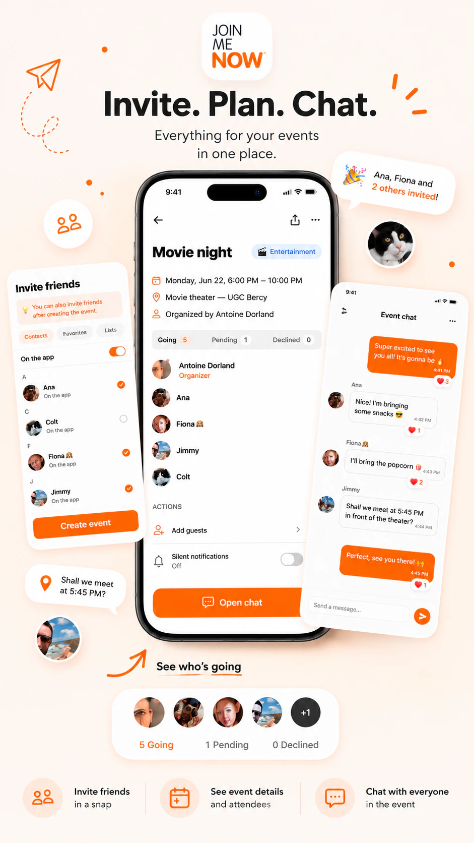 Join Me Now app overview: event creation, friend invitations and event detail screen.