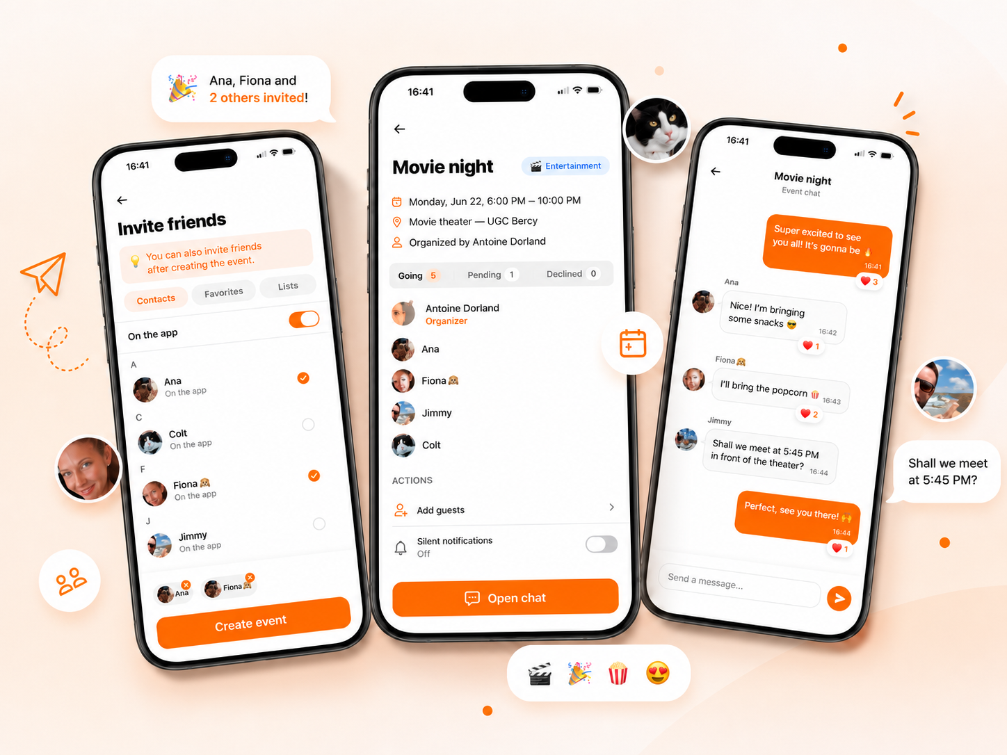 Join Me Now showing friend invitations, event detail and the event chat.
