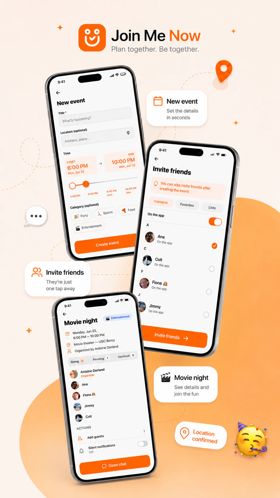 Join Me Now showing friend invitations, event detail and the event chat.