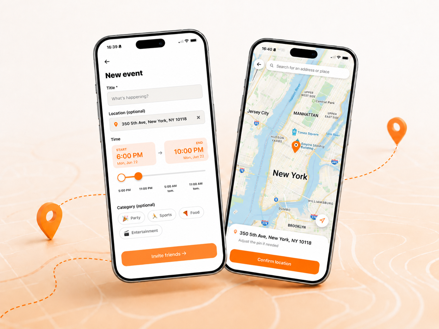Join Me Now event creation screen showing location selection on a map.