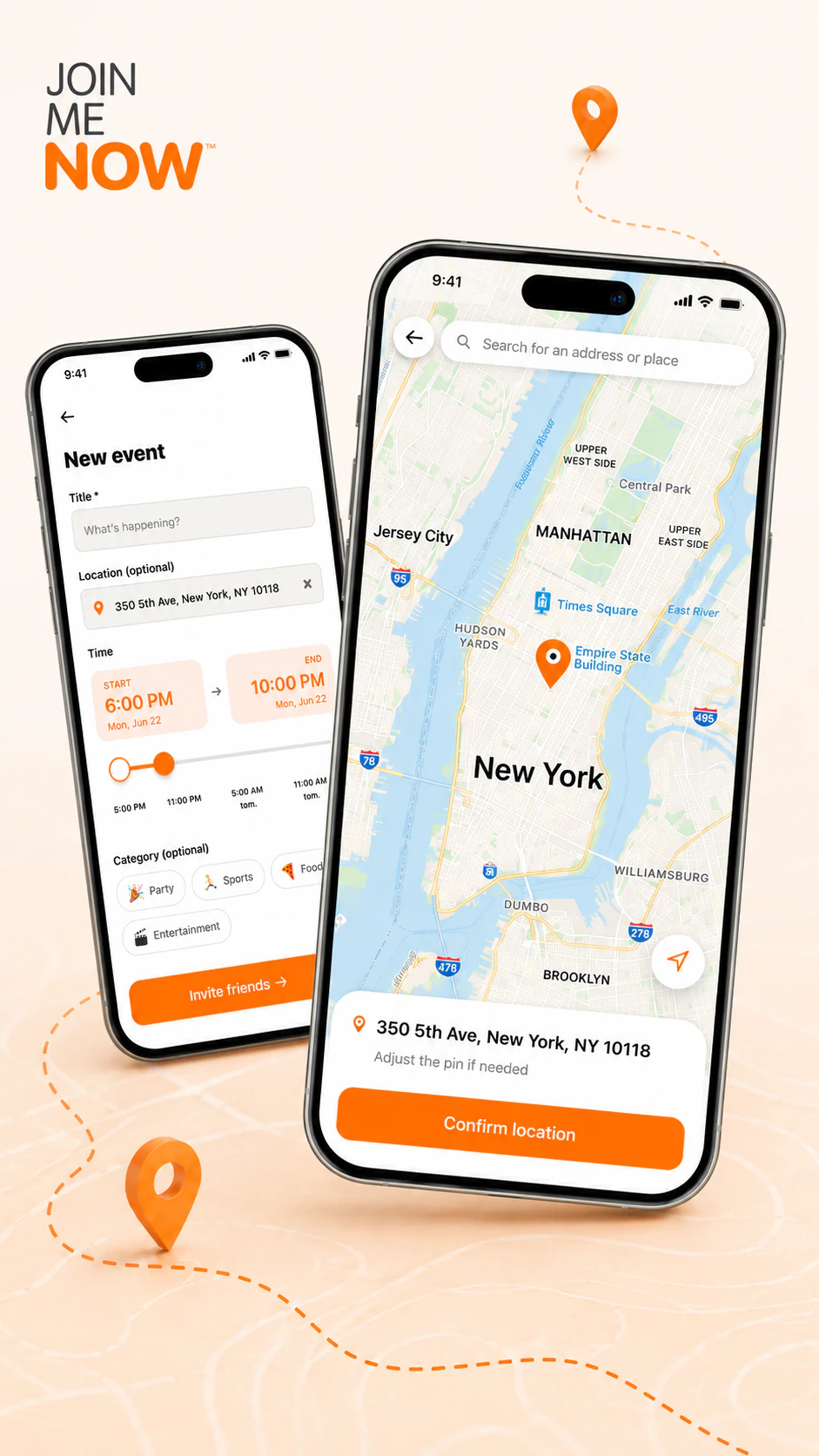 Join Me Now event creation screen showing location selection on a map.